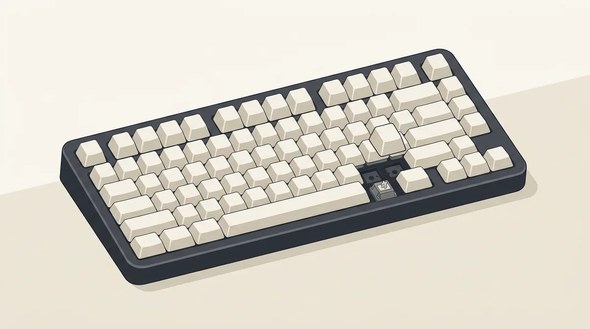 A mechanical keyboard from above with completely smooth unmarked keycaps and one keycap floating above its switch