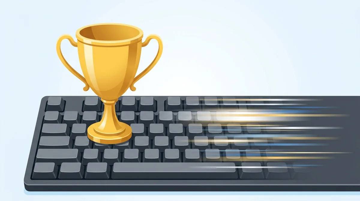 A gold trophy cup standing on top of a mechanical keyboard with motion blur streaks behind the keys