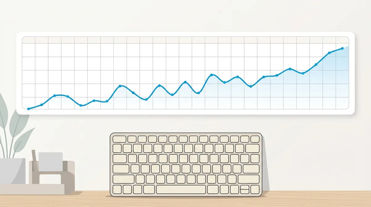 A long calendar strip with a rising line chart running across it and a keyboard sitting underneath