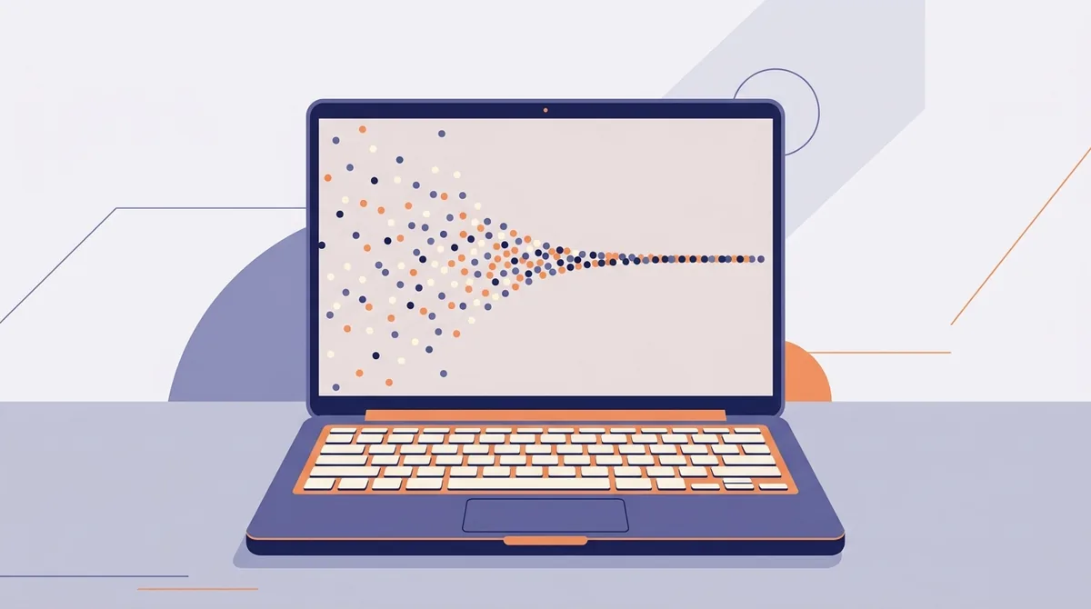 A laptop screen showing scattered score dots settling into a flat average line, with a keyboard in front