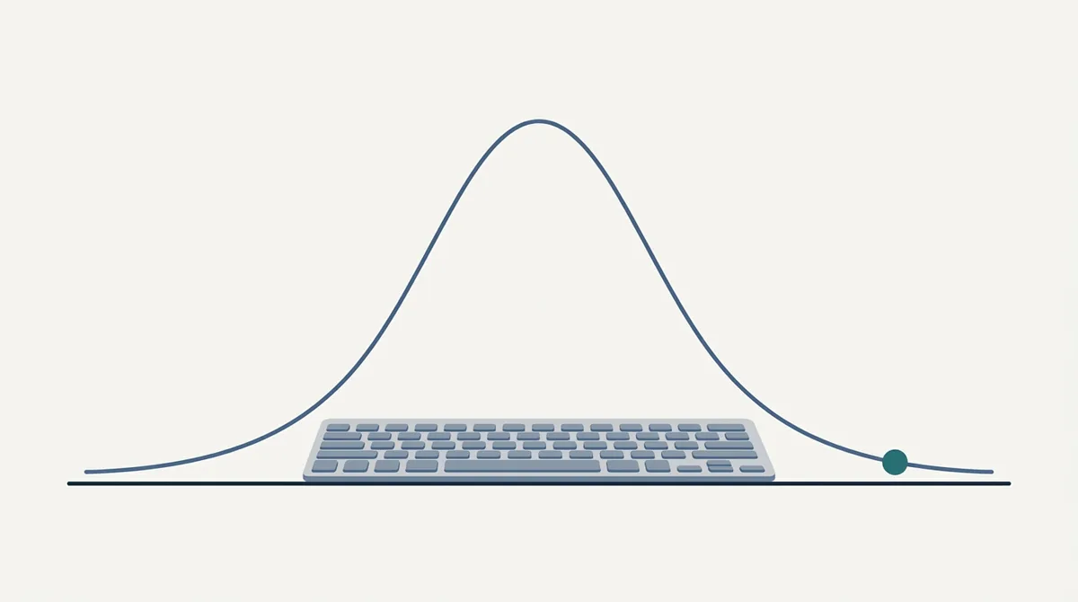 A smooth bell curve graph with a keyboard resting along the base line and a single marker far out on the right tail