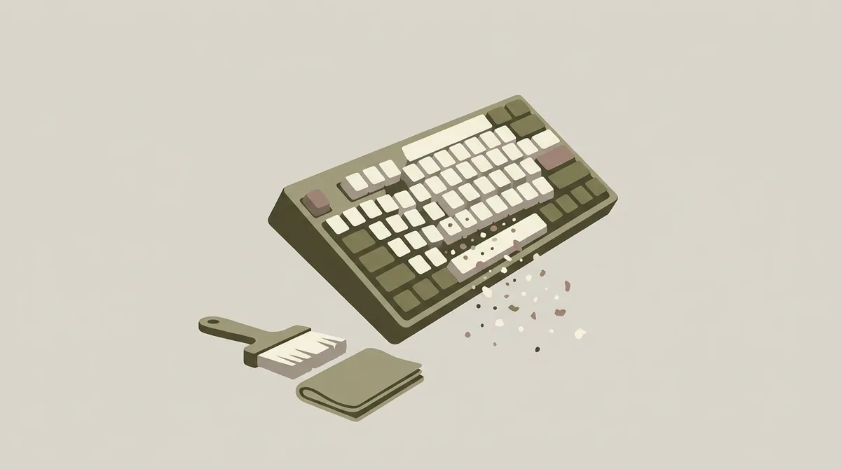 A keyboard tipped on its side with crumbs falling out, a small brush and a cloth beside it