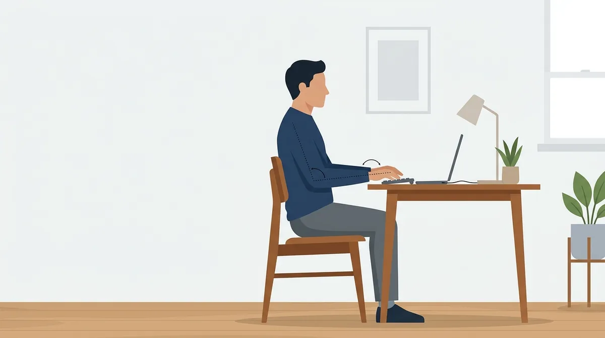 Side view of a person sitting upright at a desk typing, with thin guide lines marking the elbow and wrist angles