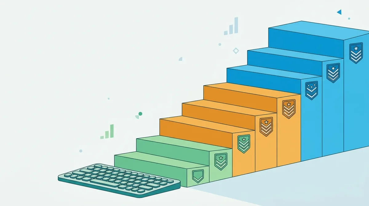 A stepped podium climbing upward with shield shaped rank badges on each step and a keyboard at the bottom