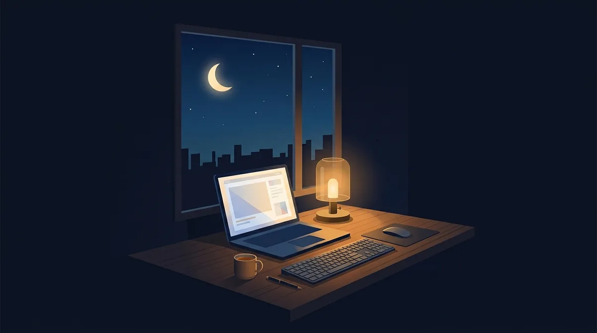 A dark desk at night lit by one warm lamp, with a keyboard and a glowing laptop screen