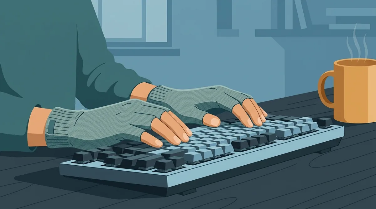 Two hands in thin fingerless gloves resting on a mechanical keyboard in a cold room